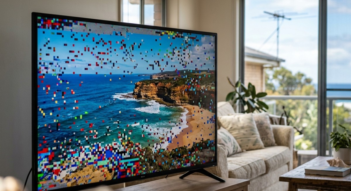 Digital TV pixelation with a picture breaking up into small coloured blocks