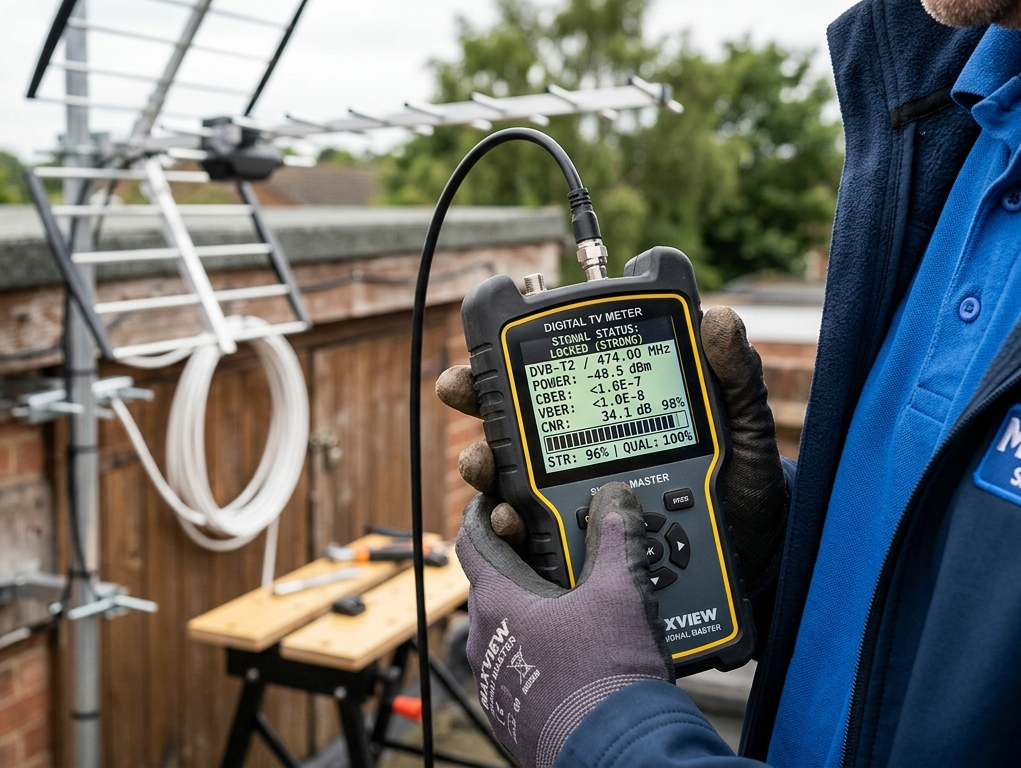 Technician using signal strength meter to test digital TV reception quality on the Sunshine Coast