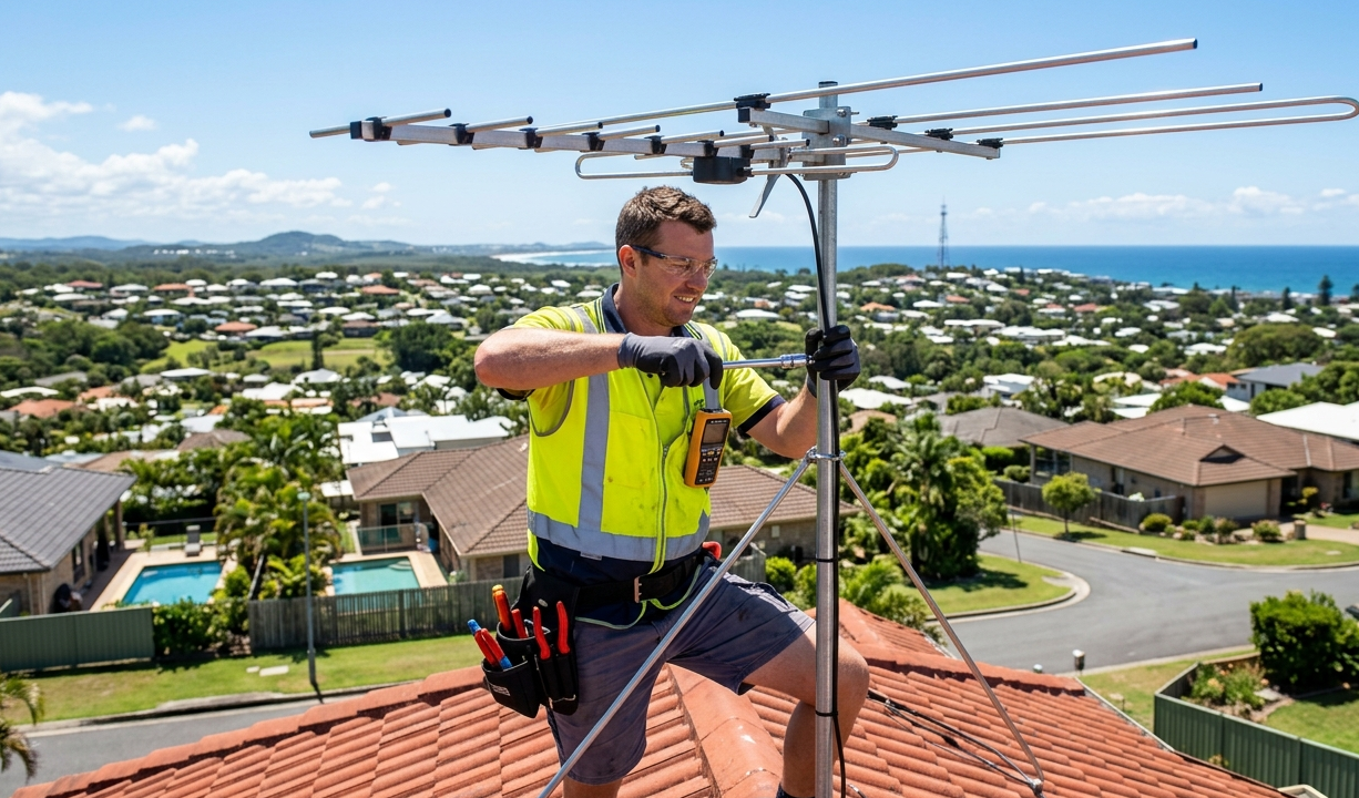 Digital TV reception installation by professional antenna technician on Sunshine Coast rooftop