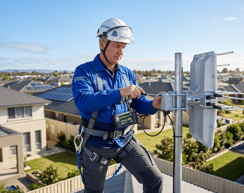 Professional technician inspecting a TV antenna system covered by a 5-Year Warranty on a modern Australian home rooftop.