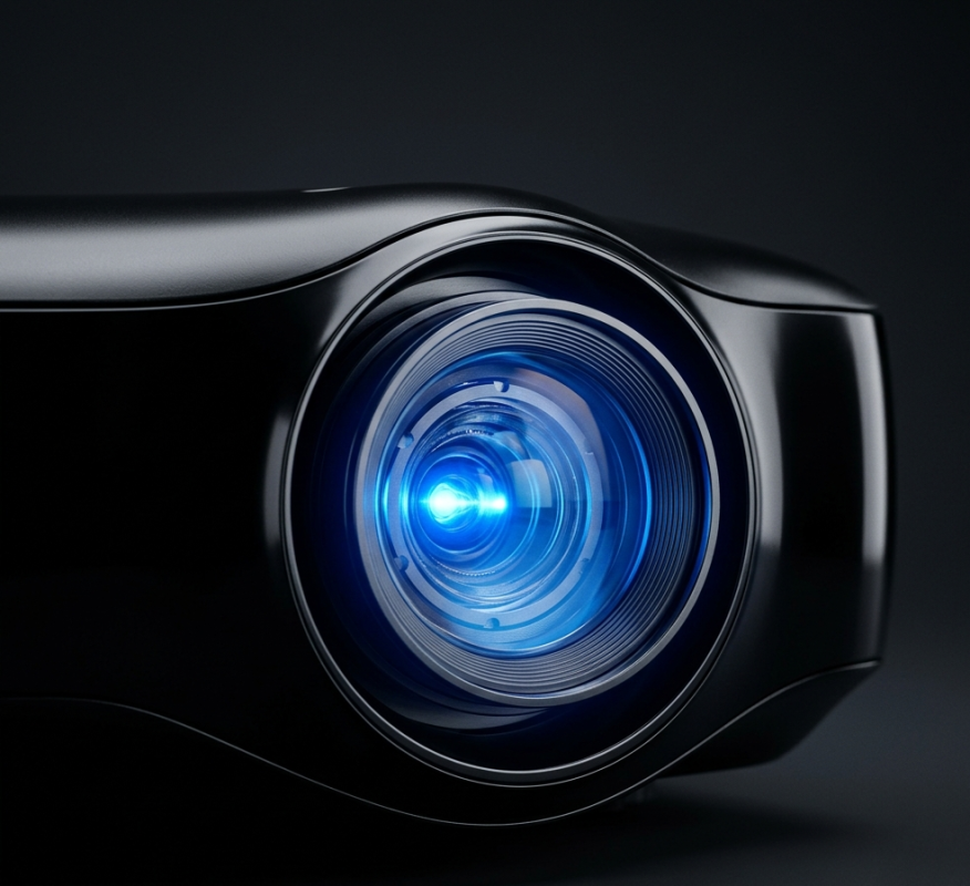 Laser projector close-up with glowing blue lens