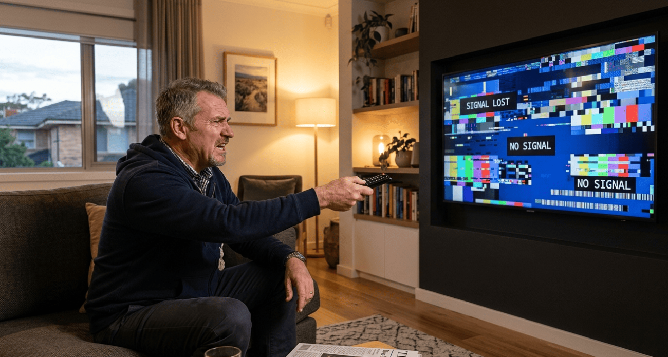 Digital TV reception breaking up frustrated viewer pointing remote Sunshine Coast