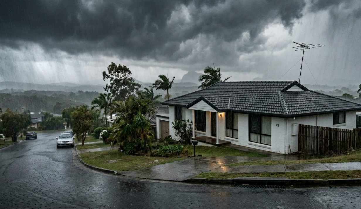 TV antenna on Sunshine Coast home during heavy storm showing poor TV reception weather damage