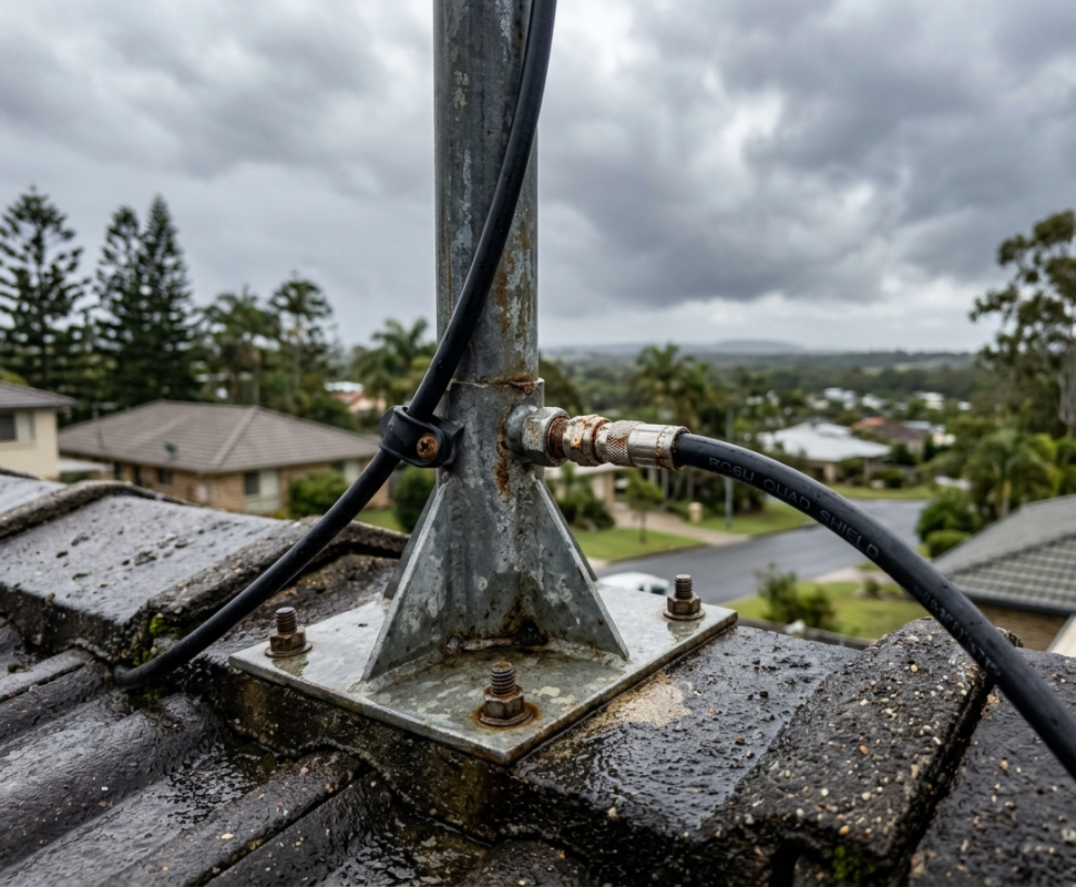 TV antenna coaxial cable connection on rooftop Sunshine Coast