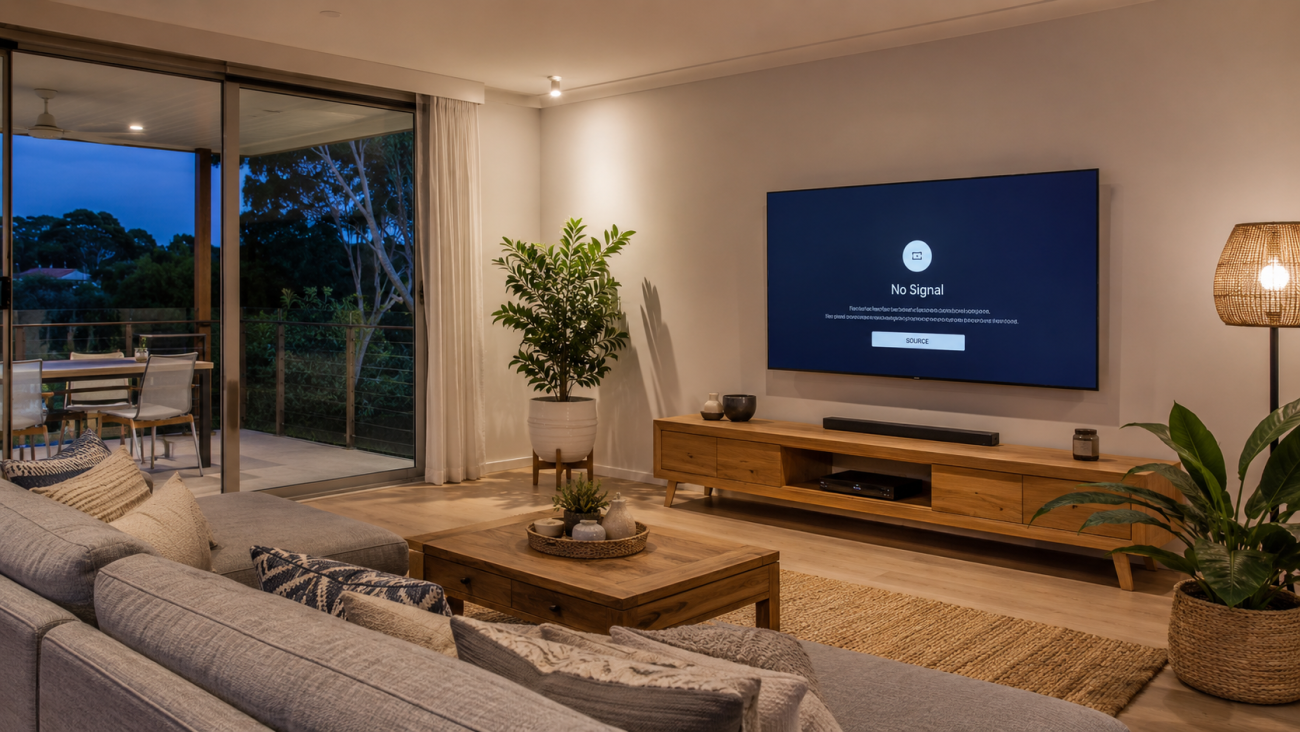 Smart TV issues in modern Sunshine Coast living room error screen