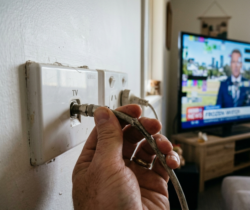 Checking coaxial TV cable connection at wall plate to fix digital TV freezing and pixelating