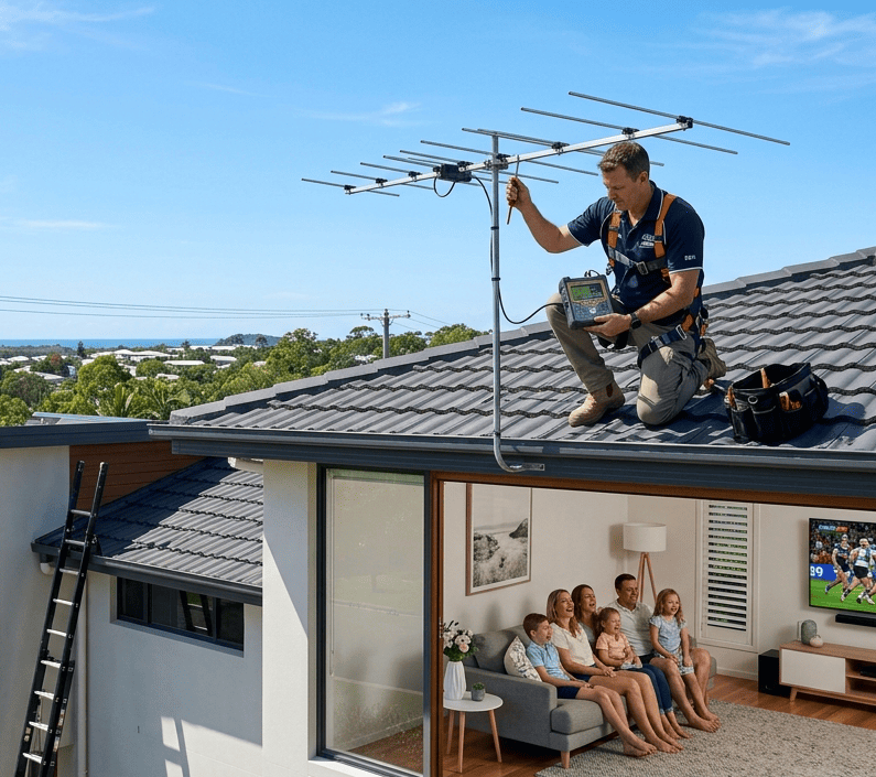 TV technician performing a TV reception fix Sunshine Coast service by adjusting a digital TV antenna on a residential roof.