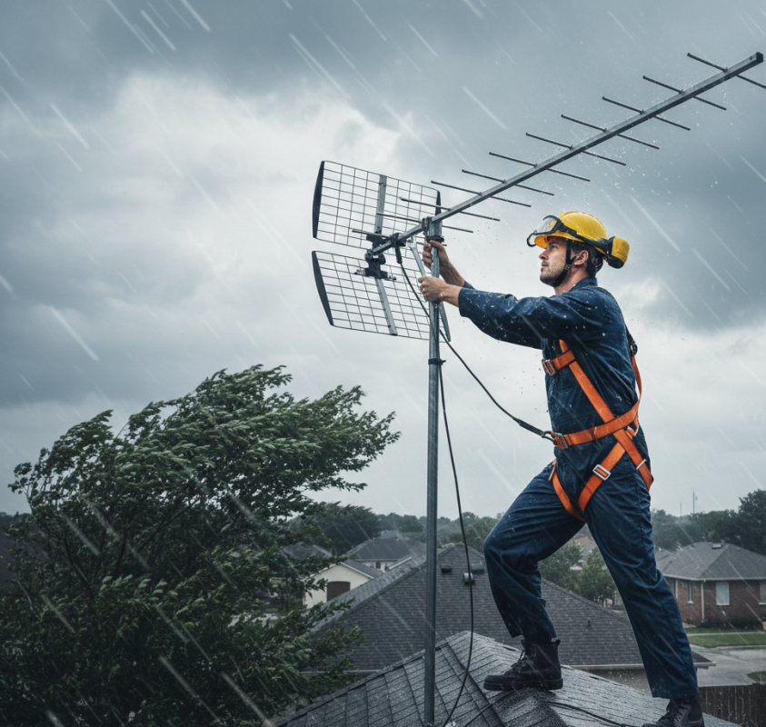 Technician adjusting TV antenna to improve signal affected by weather