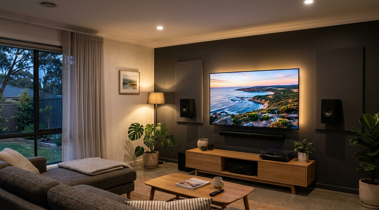 Home theatre setup modern living room wall mounted TV Sunshine Coast, Brocky's TV