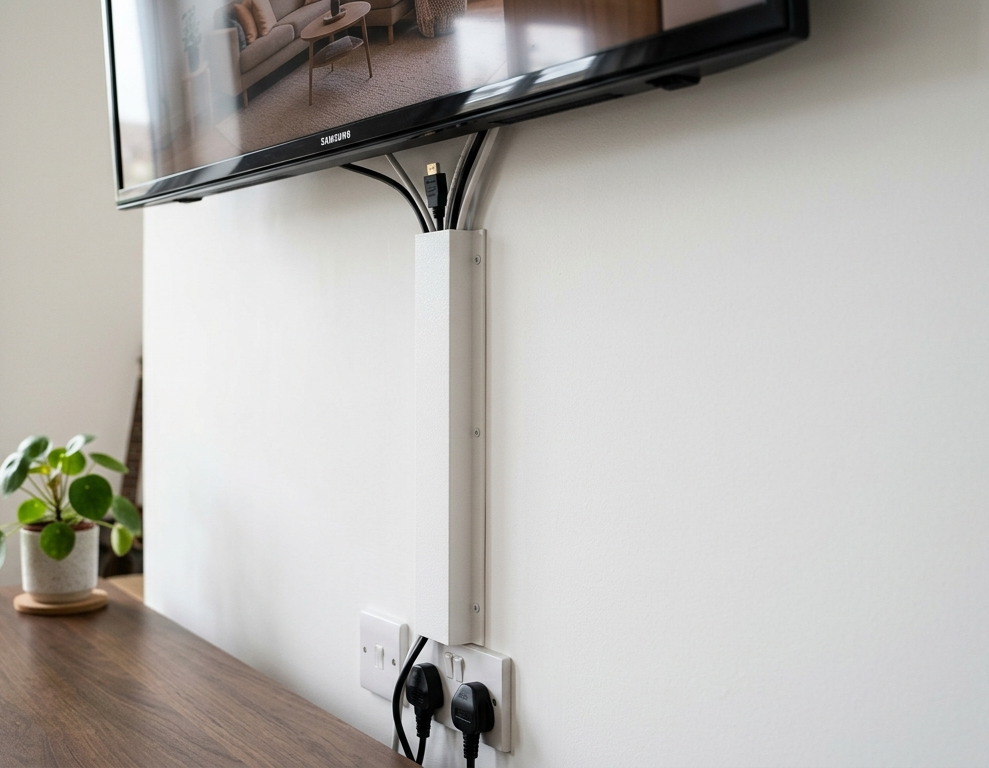 TV cables hidden in white surface raceway channel on Sunshine Coast living room wall