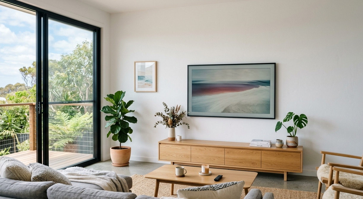 TV cables hidden behind wall mounted TV clean modern look Sunshine Coast, Brocky's TV