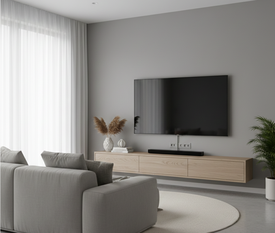 Hiding TV cables behind a wall-mounted television for a modern look.