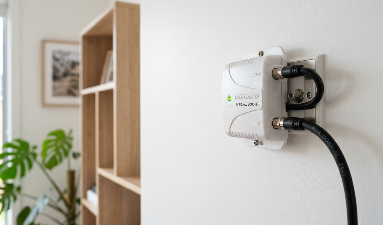 TV signal booster device installed on coaxial cable Sunshine Coast home, Brocky's TV