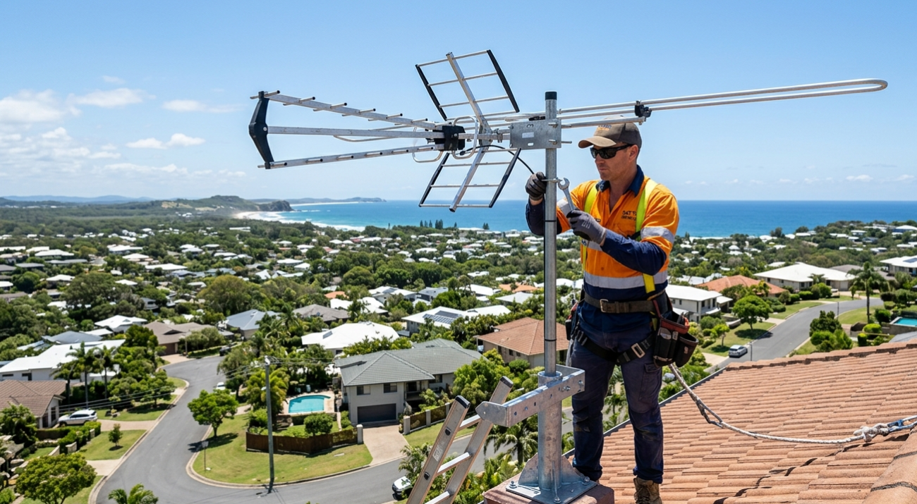 TV antenna installation professional technician on Sunshine Coast rooftop, Brocky's TV