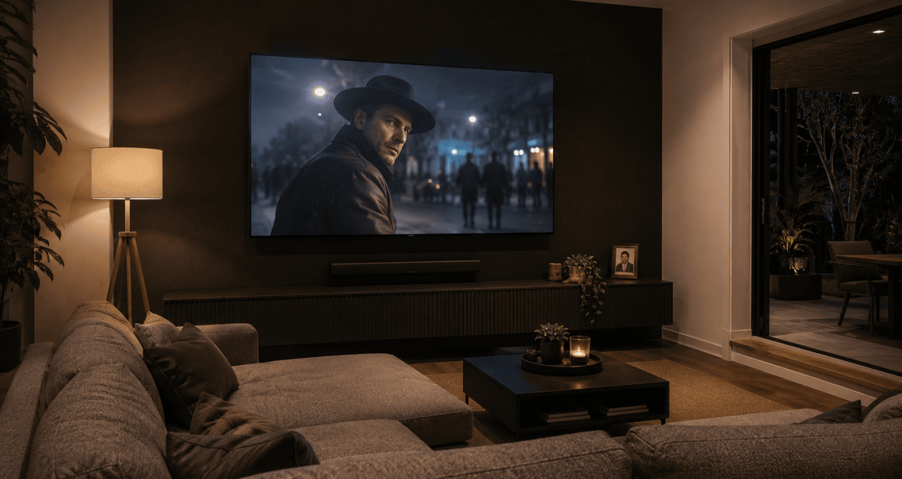 Home theatre setup cosy evening living room wall mounted TV soundbar Sunshine Coast