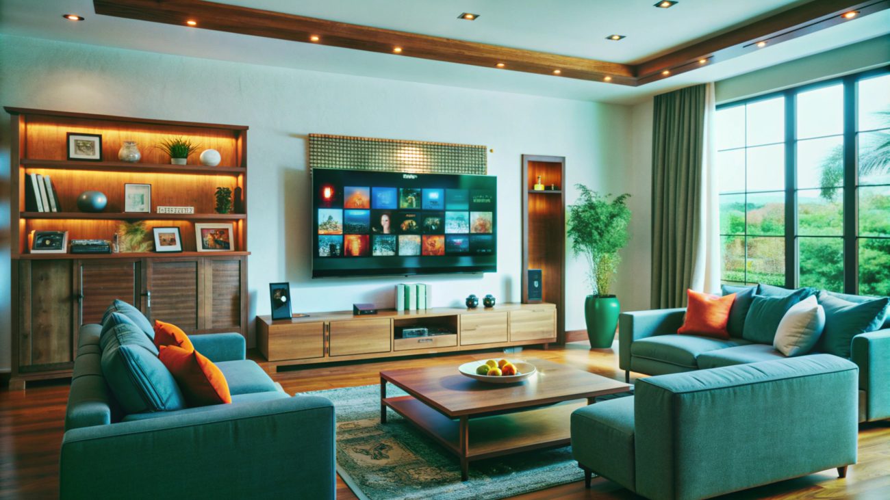Home theatre setup guide with proper screen placement, sound system, and cable connections

