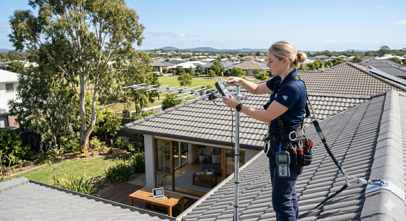Professional TV installer near me adjusting rooftop antenna