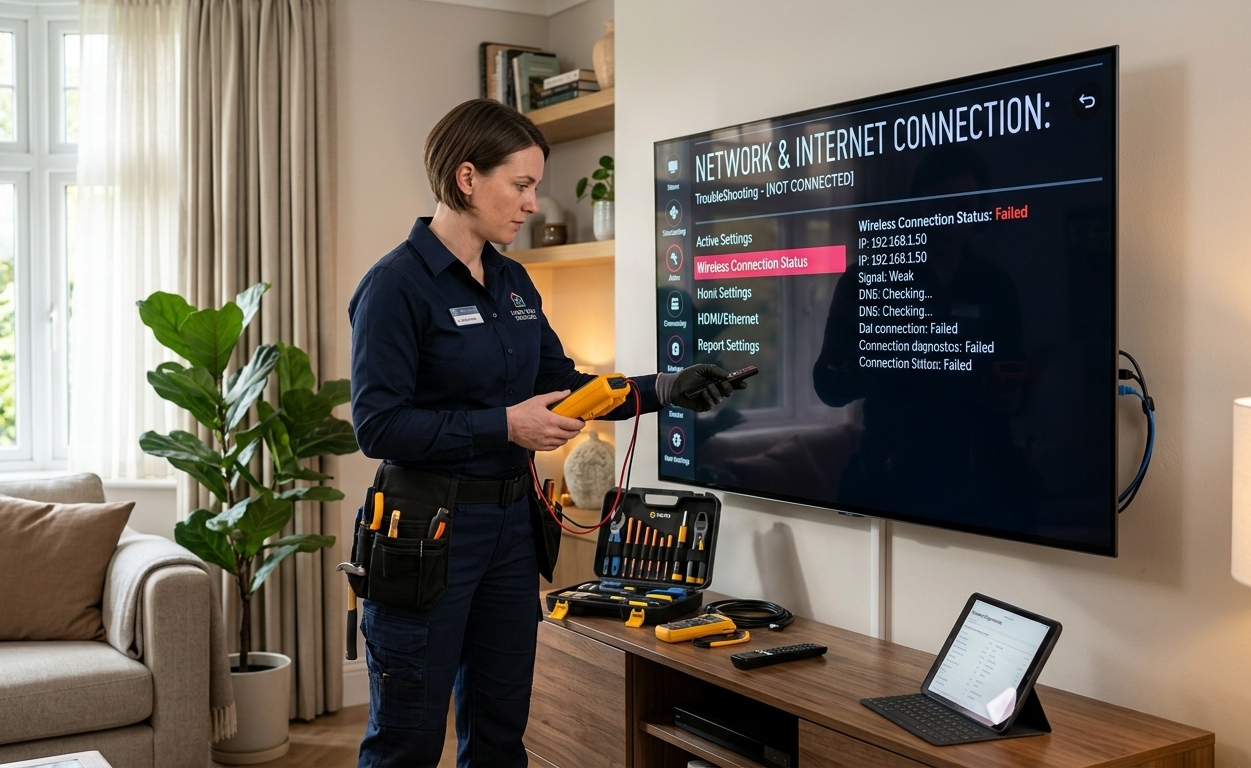 Technician fixing Smart TV streaming problems and WiFi connection issues