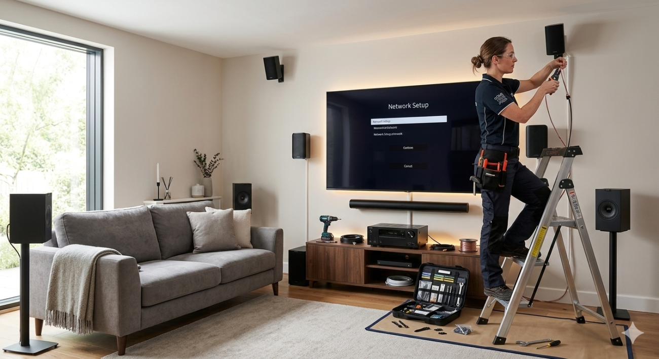 Home Theatre Installation setup with wall mounted TV and surround speakers in Sunshine Coast home