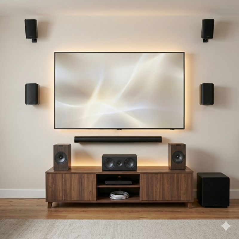 Home Theatre Installation with wall mounted TV and speakers