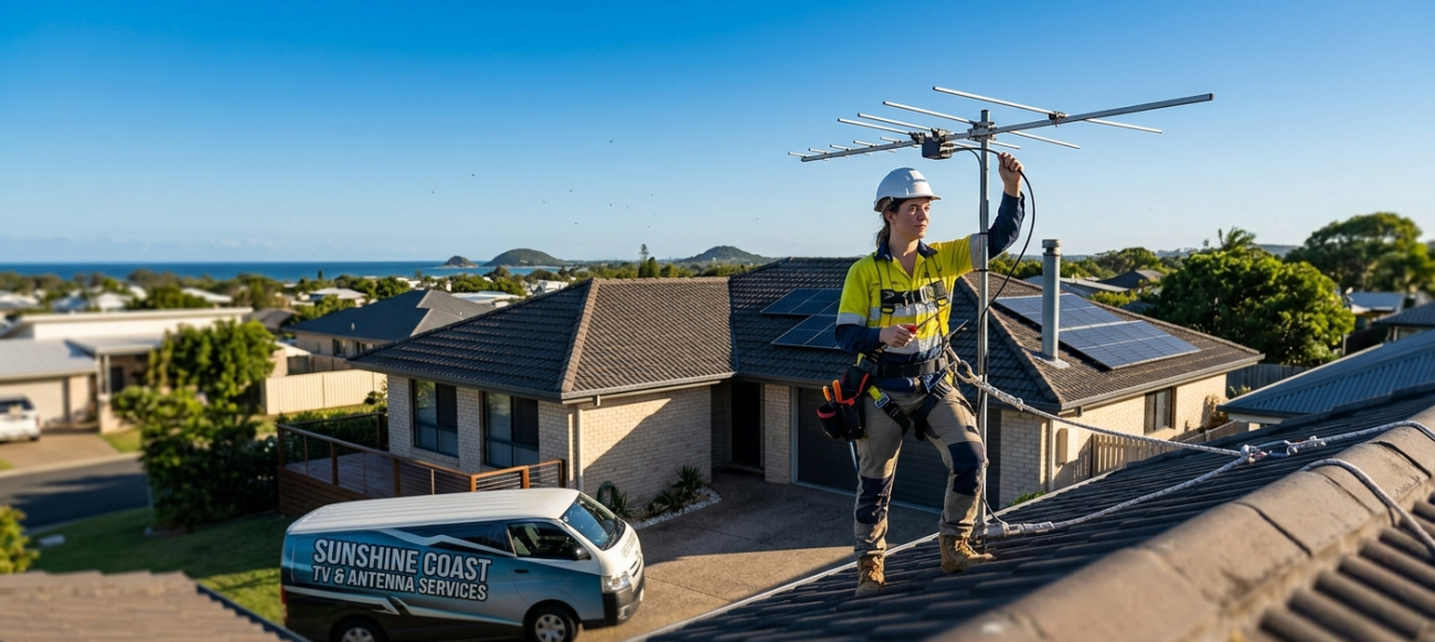 Technician performing digital TV antenna repair and rooftop antenna installation on Sunshine Coast home