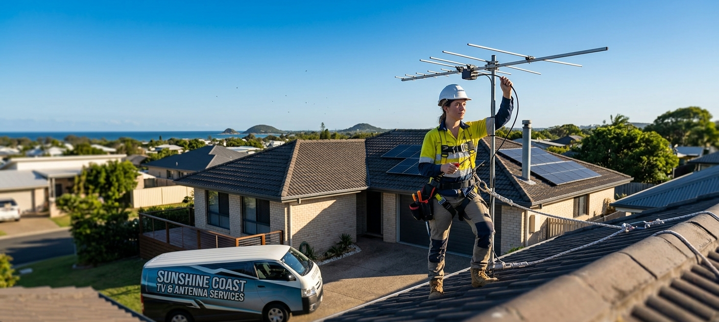 Technician performing digital TV antenna repair and rooftop antenna installation on Sunshine Coast home