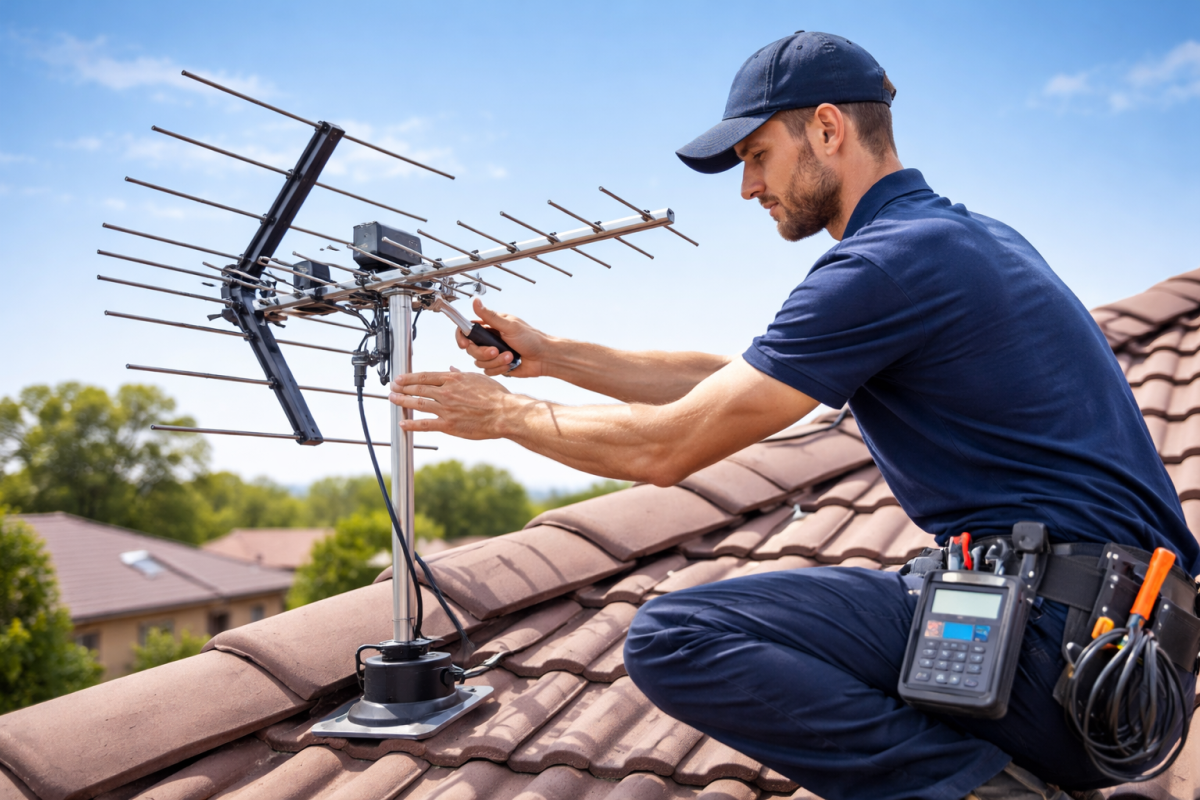 TV antenna installation technician setting up rooftop antenna with signal tools for clear TV reception
