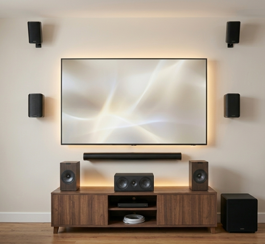 Home theatre installation wall mounted TV surround sound speakers setup Sunshine Coast