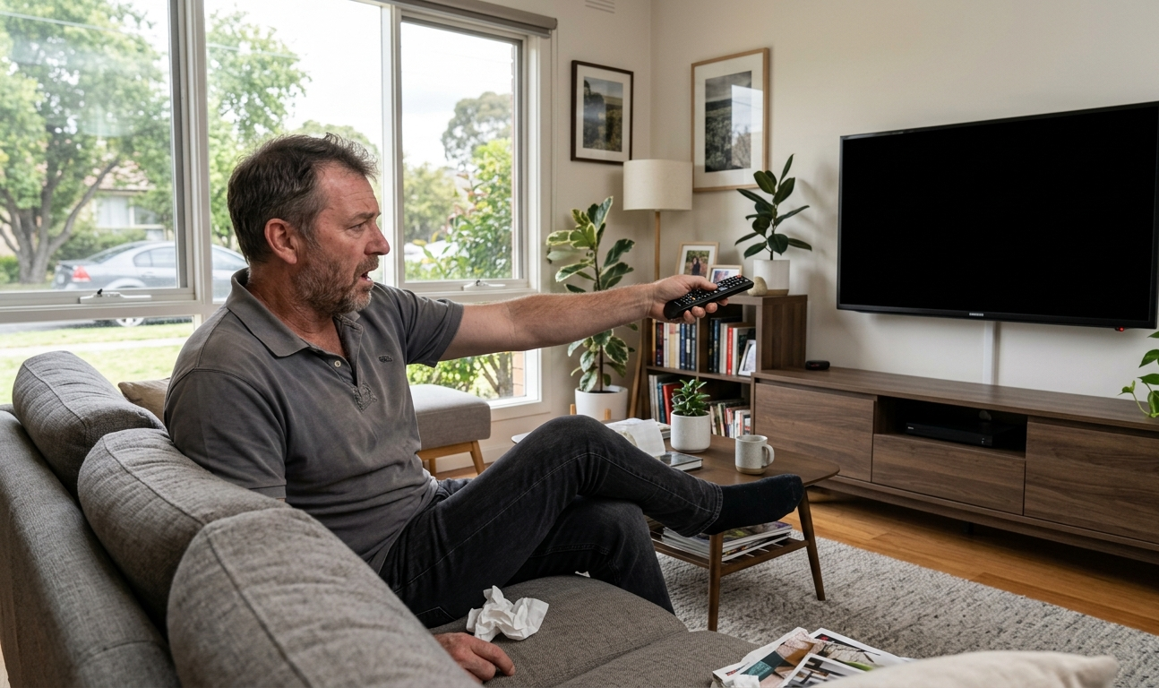TV screen goes black while man watches television in living room