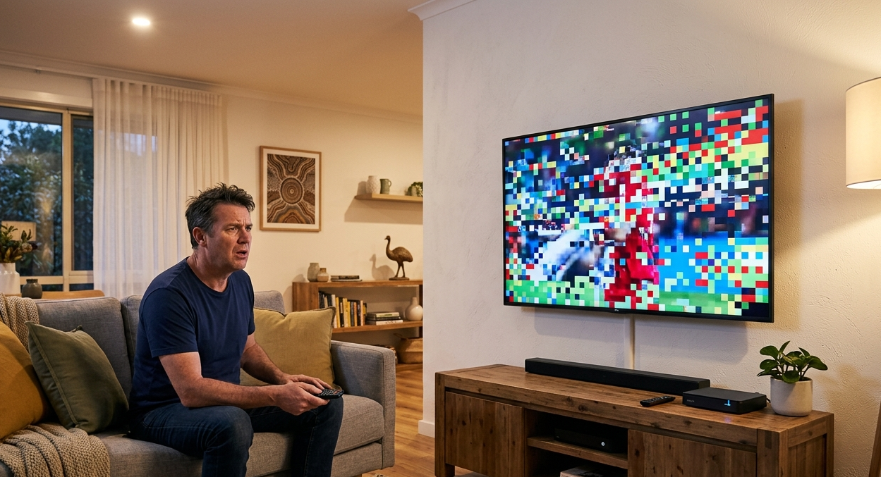 TV pixelating with blocky broken picture on screen in Australian home