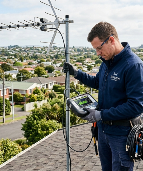 TV antenna technician checking signal strength on rooftop Sunshine Coast