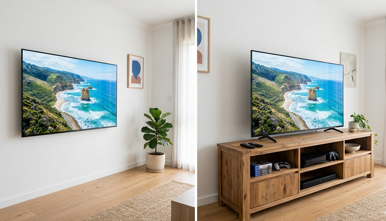 Wall mounted TV vs TV stand comparison in Australian home