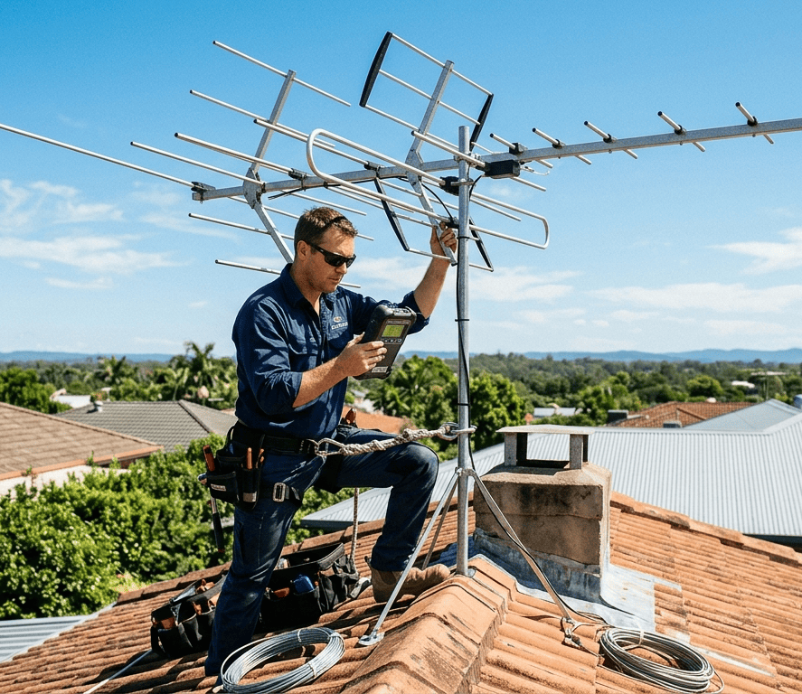 TV antenna installation Sunshine Coast technician checking signal meter on rooftop