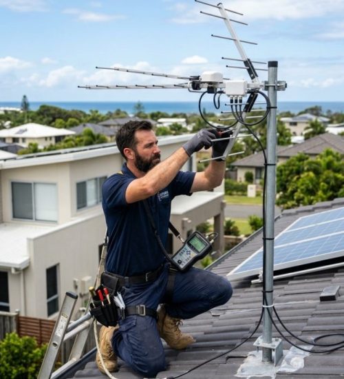 TV antenna technician adjusting rooftop antenna for better reception