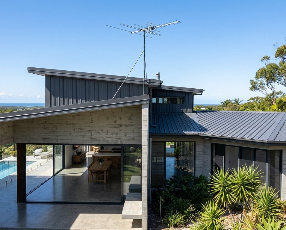 Outdoor TV antenna overcoming building materials on Sunshine Coast home
