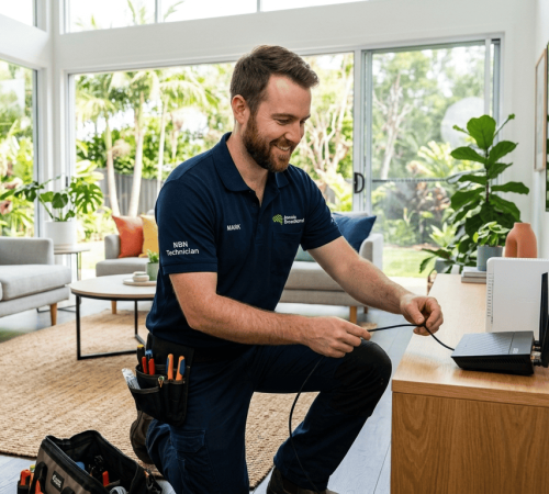 Internet repair technician fixing WiFi router setup in Sunshine Coast home