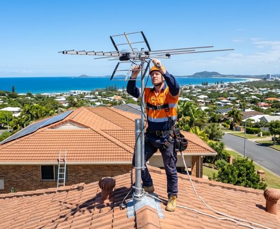 Technician installing digital antenna setup on Sunshine Coast home rooftop
