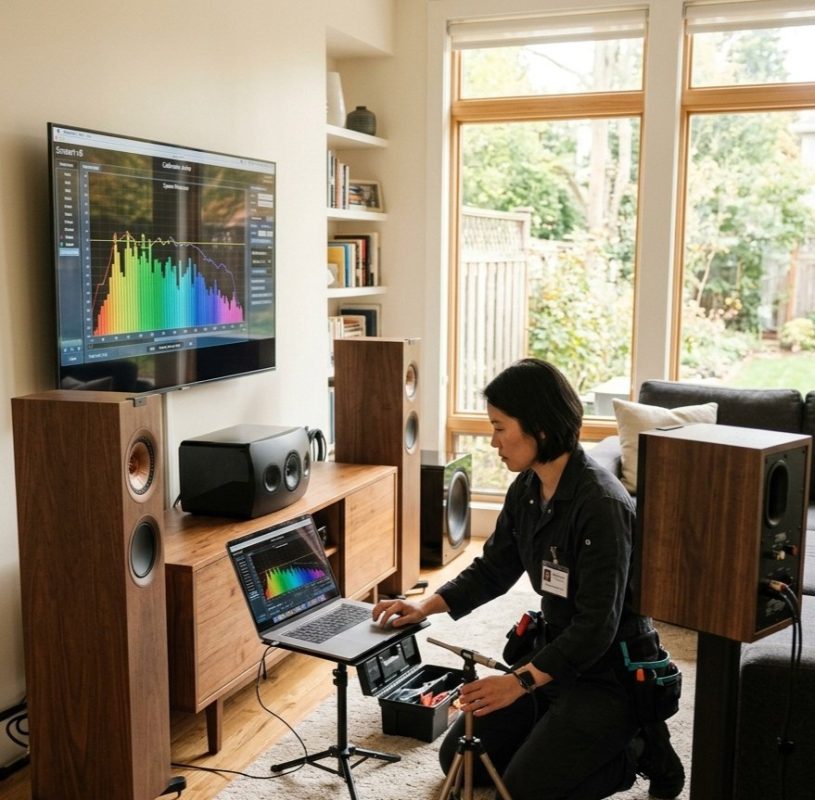 Technician calibrating home theatre surround sound system Sunshine Coast