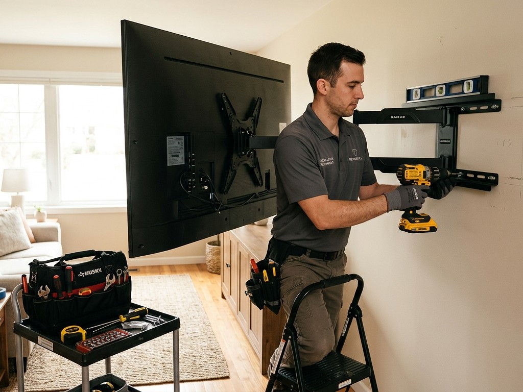 Technician installing full-motion TV bracket on living room wall