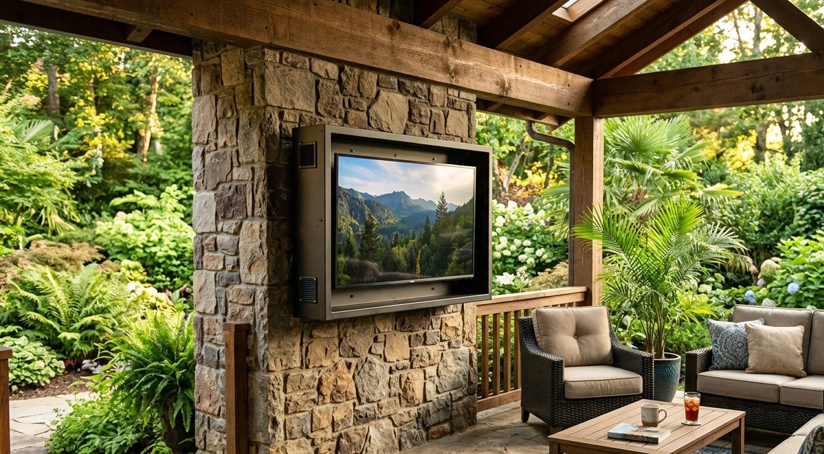 Outdoor TV installation Sunshine Coast on covered patio