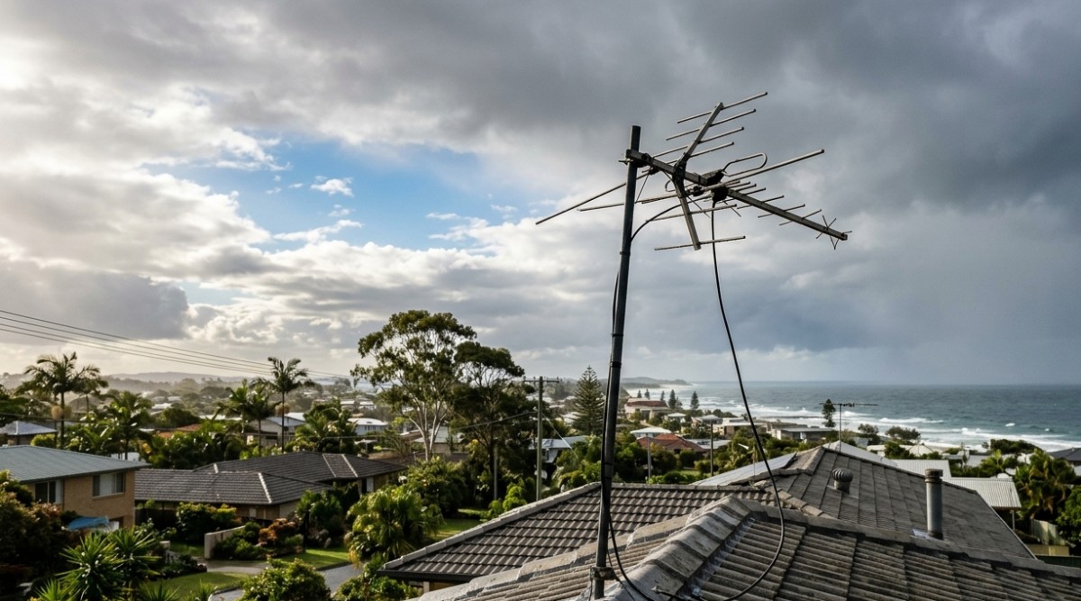 Storm damaged TV antenna Sunshine Coast on a residential roof