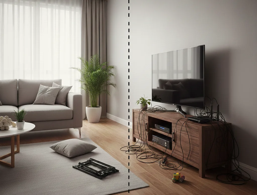 TV Wall Mounting vs TV stand setup in a modern living room