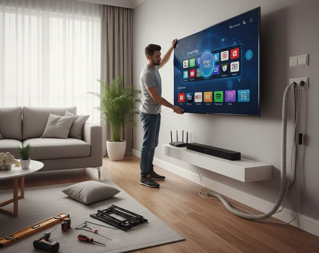 Smart TV Installation with cables setup and WiFi connection