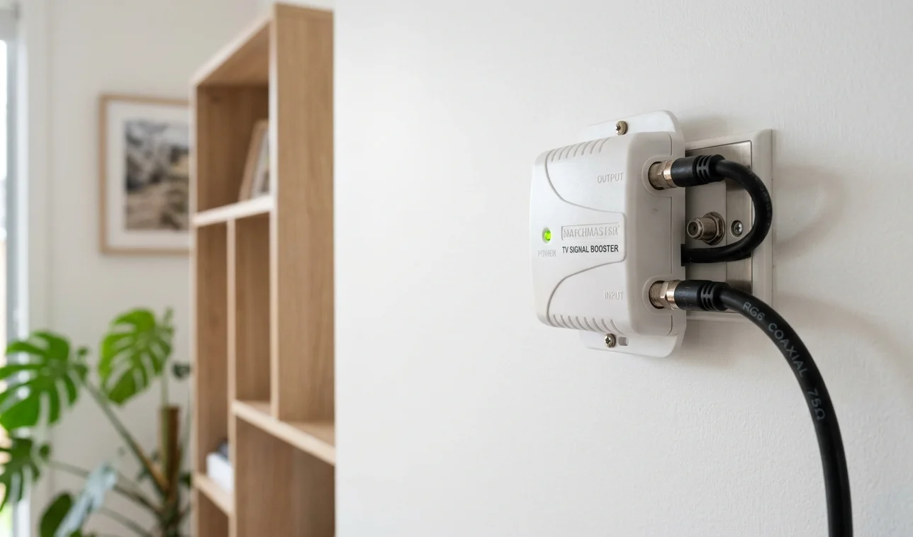 TV signal booster device installed on coaxial cable Sunshine Coast home, Brocky's TV