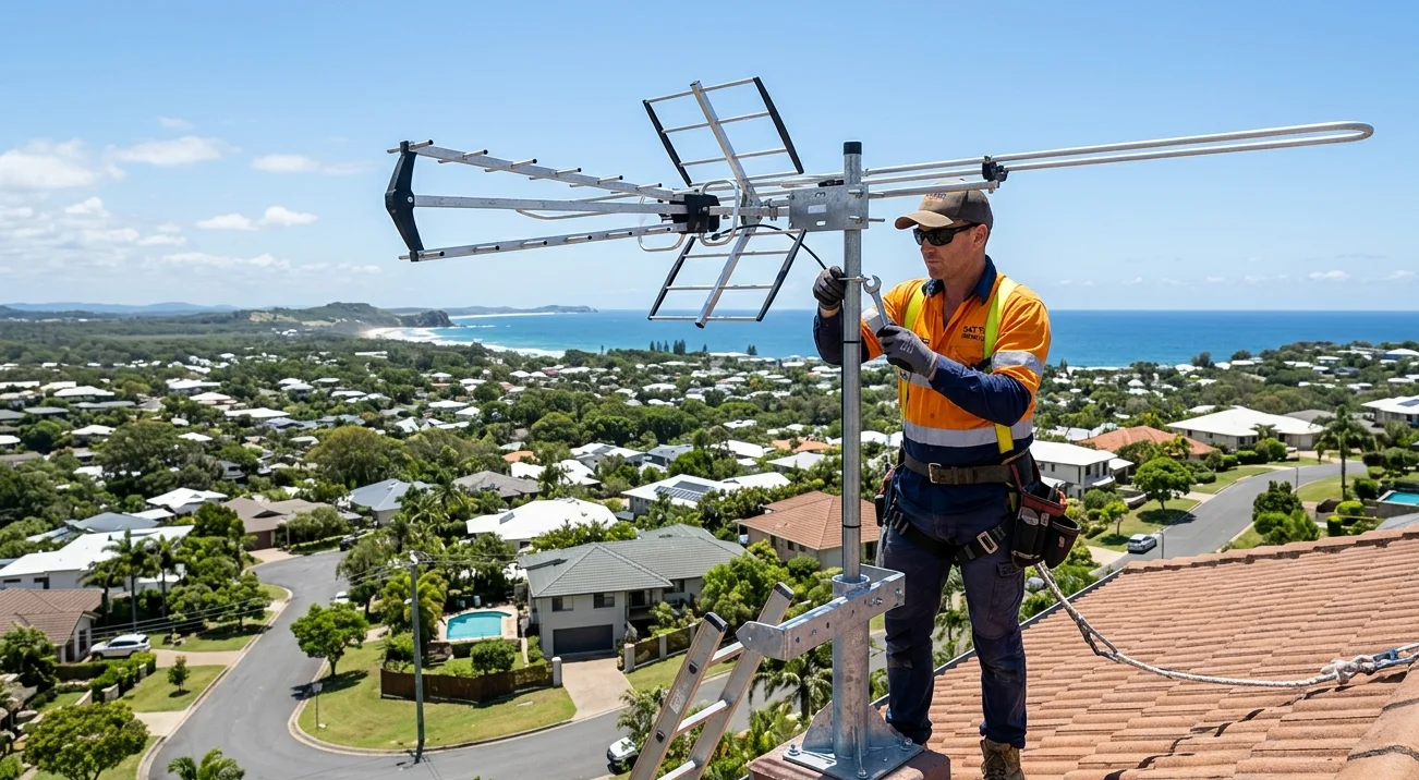 TV antenna installation professional technician on Sunshine Coast rooftop, Brocky's TV