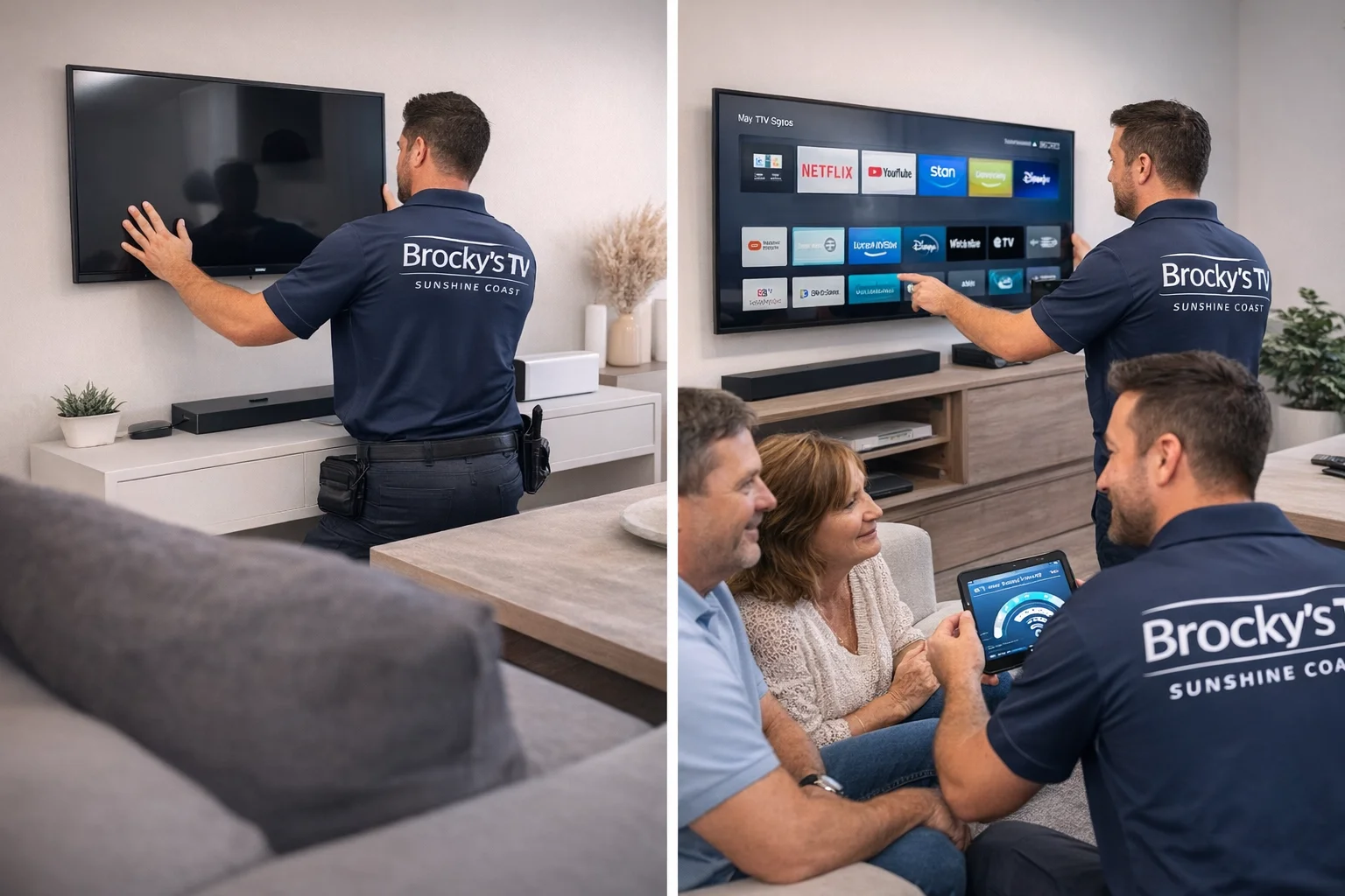 TV wall mounting Caloundra professional installation clean living room, Brocky's TV