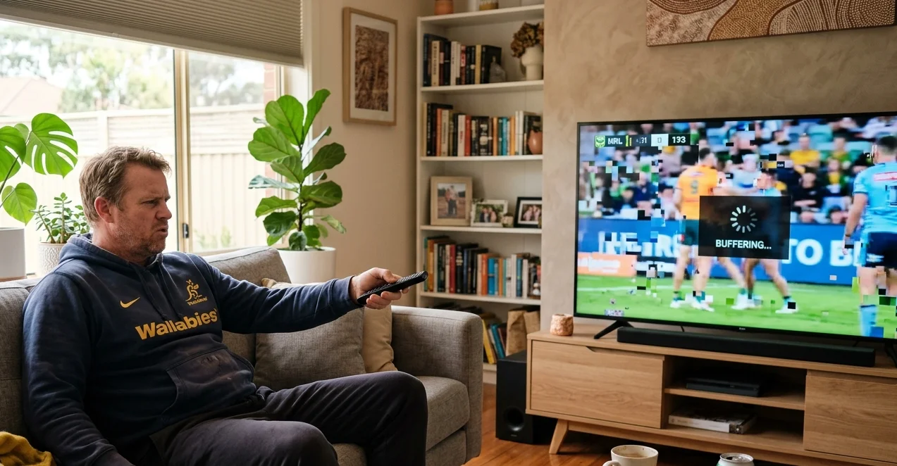 frustrated man bad tv reception pixelated screen australia